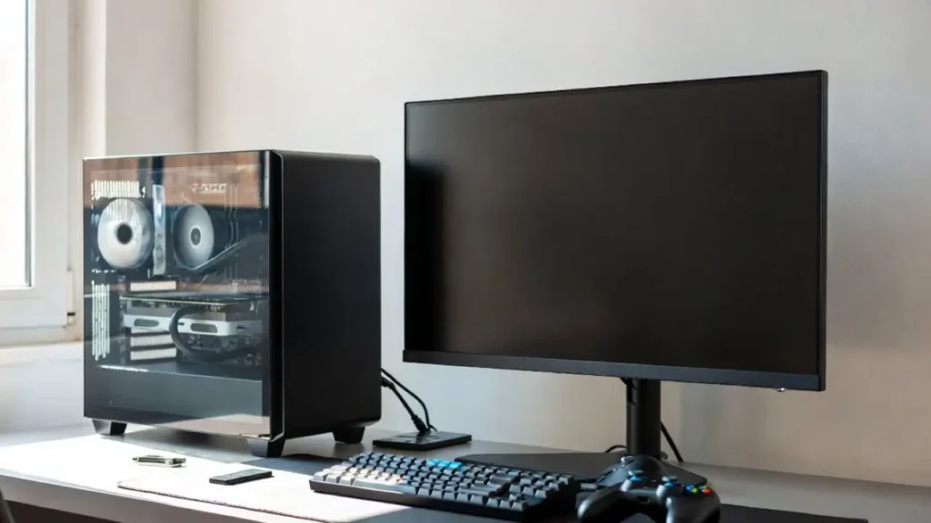 Clean modern gaming setup with PC tower, monitor, keyboard and controller in natural daylight