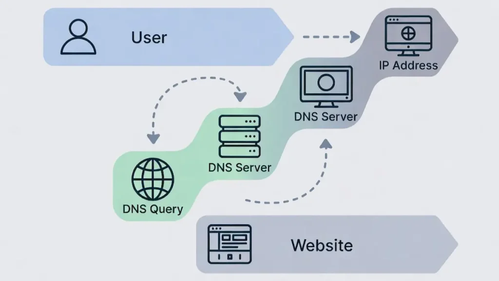 Simple illustration explaining how DNS requests work on the internet